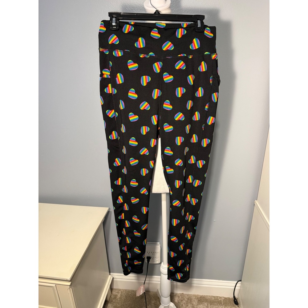 POP Fit Womens XL Rainbow Heart High Waisted Leggings with Pockets Black